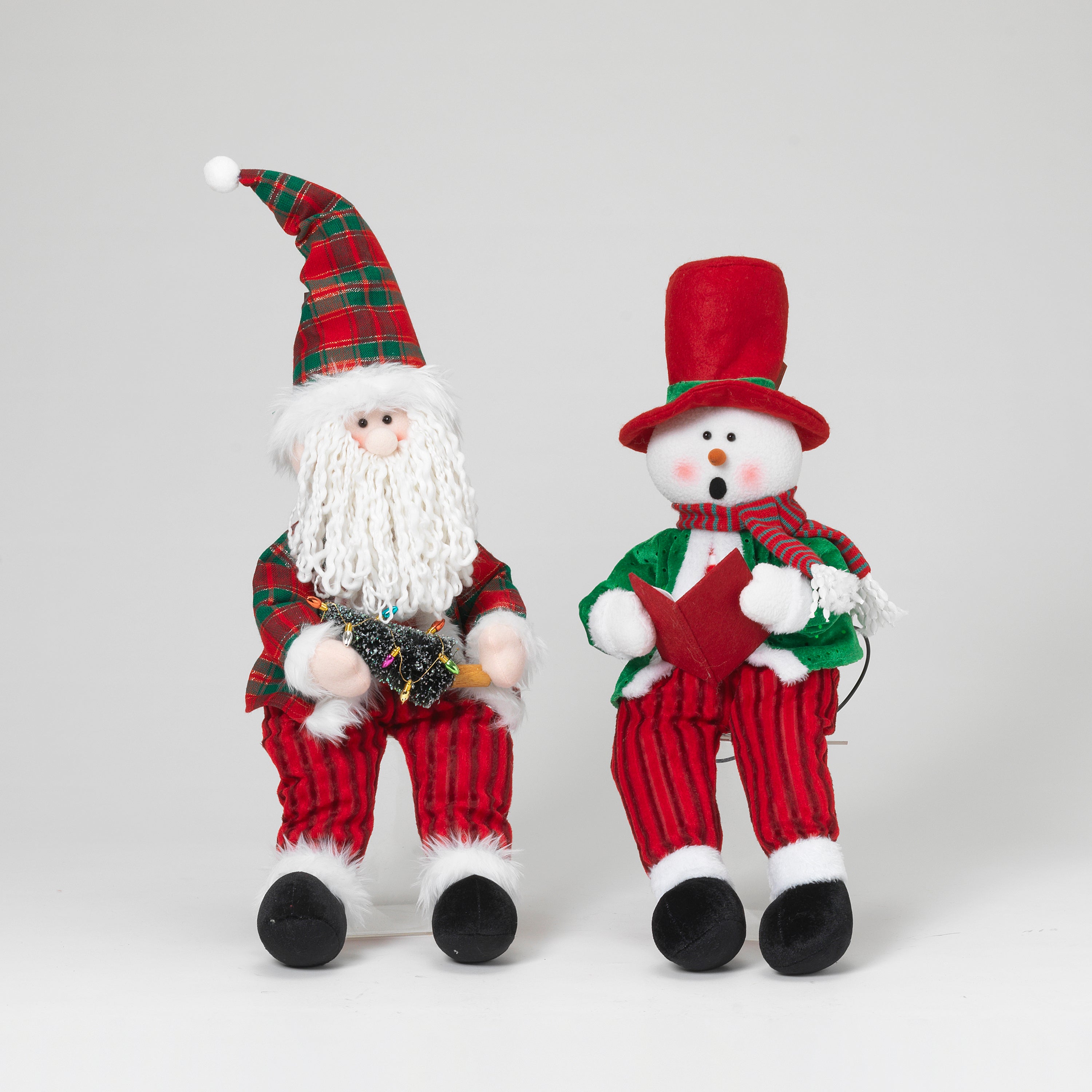 Frosted 22 in H USB Electric Animated Fabric Sitting Santa and Snowman Shelf Sitter Figurines